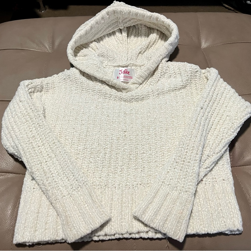 Justice Girls 6 white Cable Knit Sweatshirt Hoodie Pullover - light wrist stains